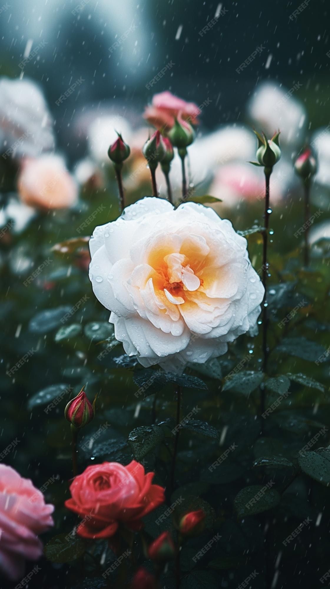 Rosengarten, Weiße Rose, Rosa Rosen, Regen, Dunkelgrün, Full HD, Hintergrundbild fürs Handy