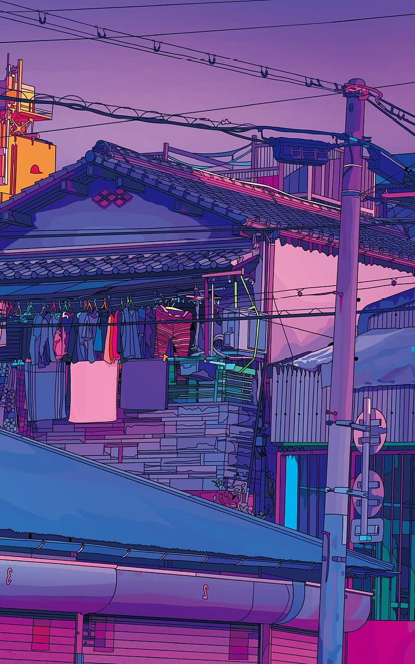 Japanische Straße, Häuser, Stromleitungen, Lila, Anime-Stil, Abend, HD, Handy-Hintergrund