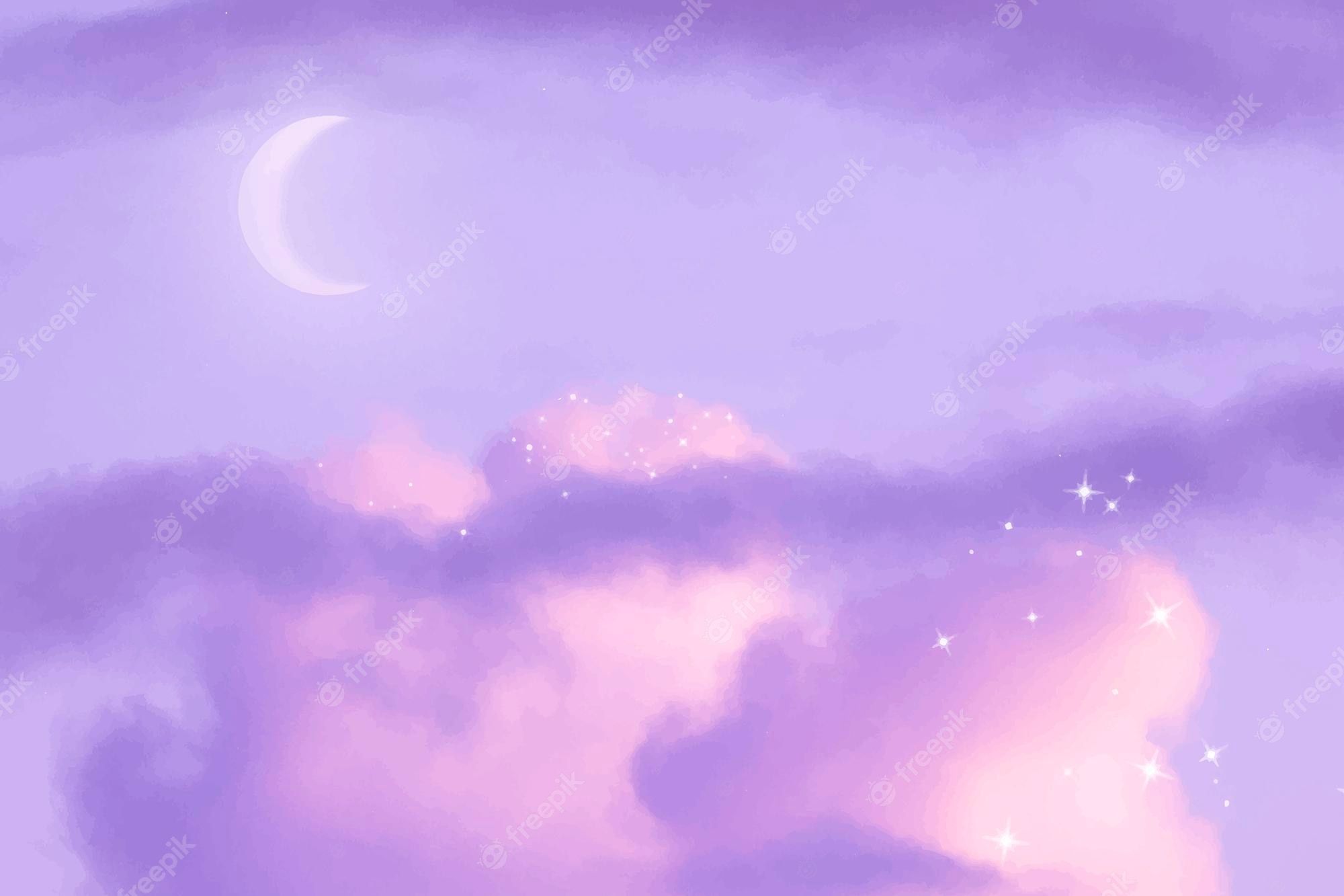 Mondsichel, Lila Wolken, Pastellhimmel, Sterne, Zart, Full HD, Desktop-Hintergrund für Windows