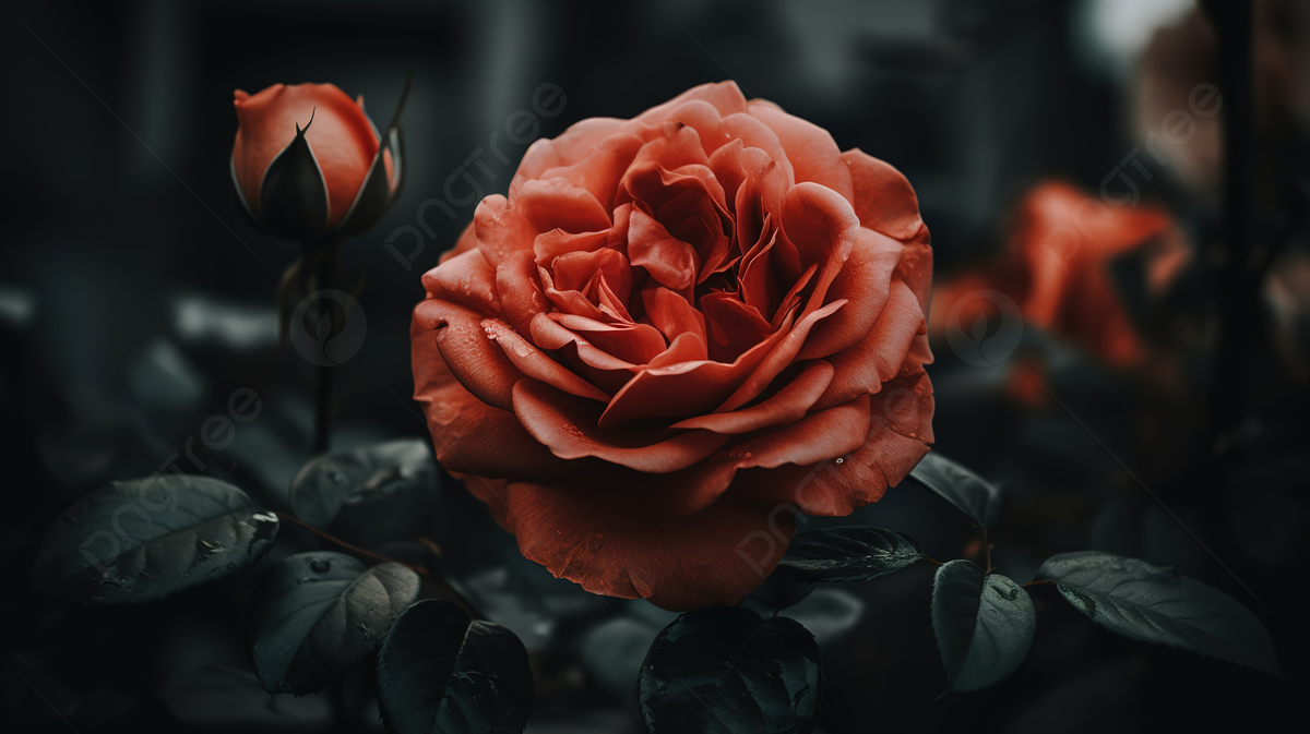 Rosenblüte, Rosenknospe, Dunkler Garten, Nahaufnahme, Querformat, Hintergrund
