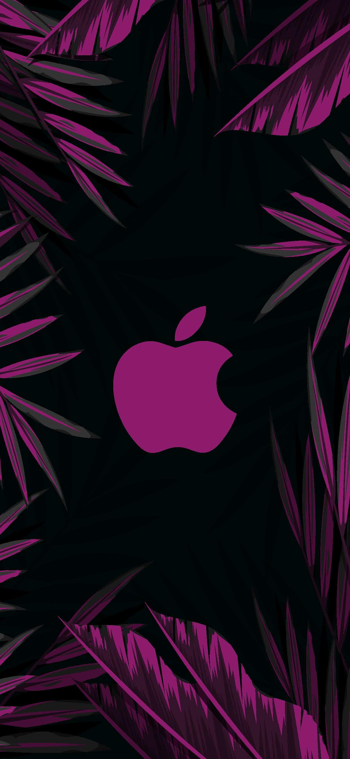 Apple-Logo, Palmblätter, Tropisch, Pink, Schwarzer Hintergrund, Sperrbildschirm fürs iPhone