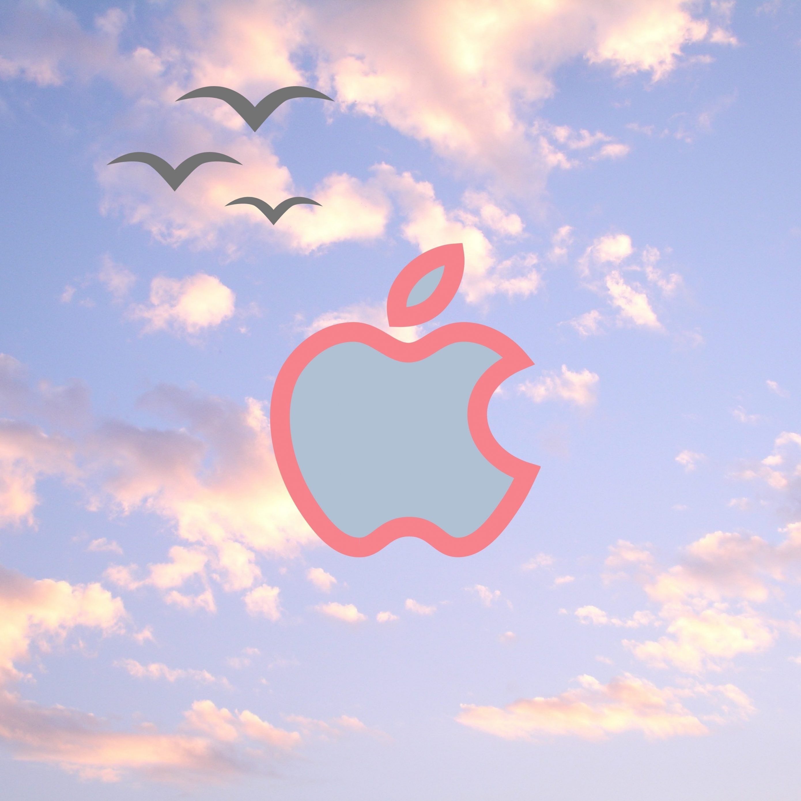 Apple-Logo, Umriss, Wolken, Vögel, Himmel, Pastellfarben, Hintergrundbild fürs iPad