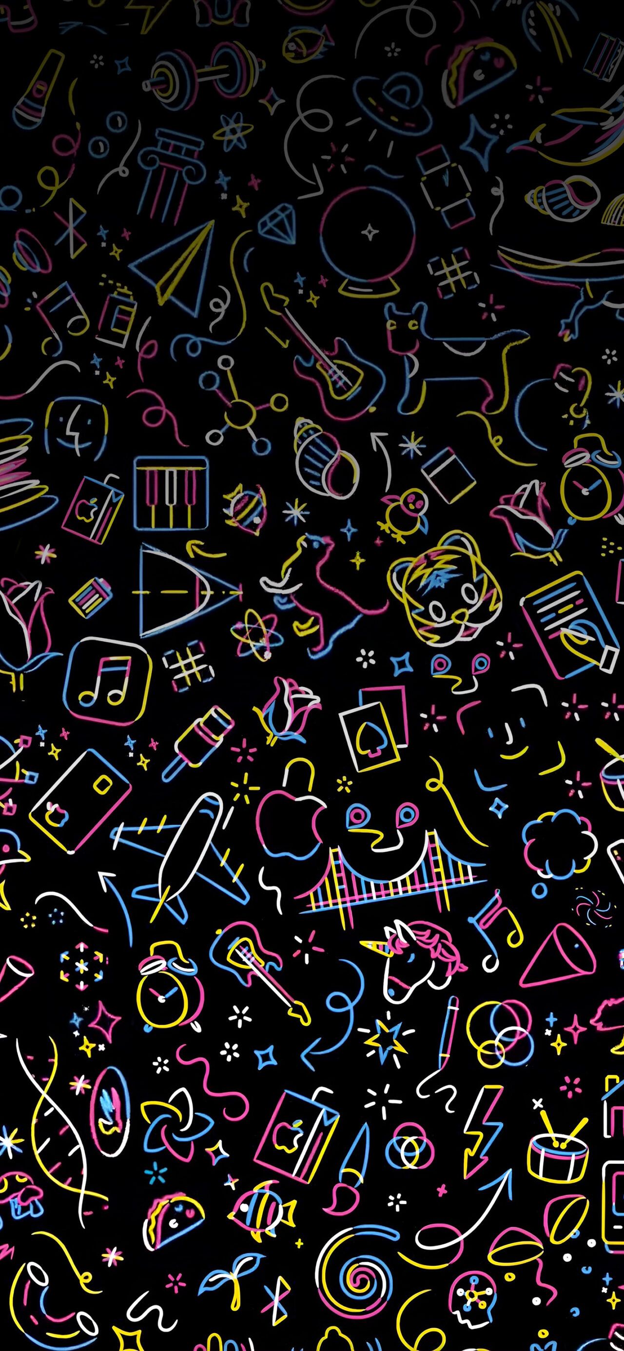 Doodle-Muster, Neon, Bunte Symbole, Schwarzer Hintergrund, Sperrbildschirm fürs iPhone