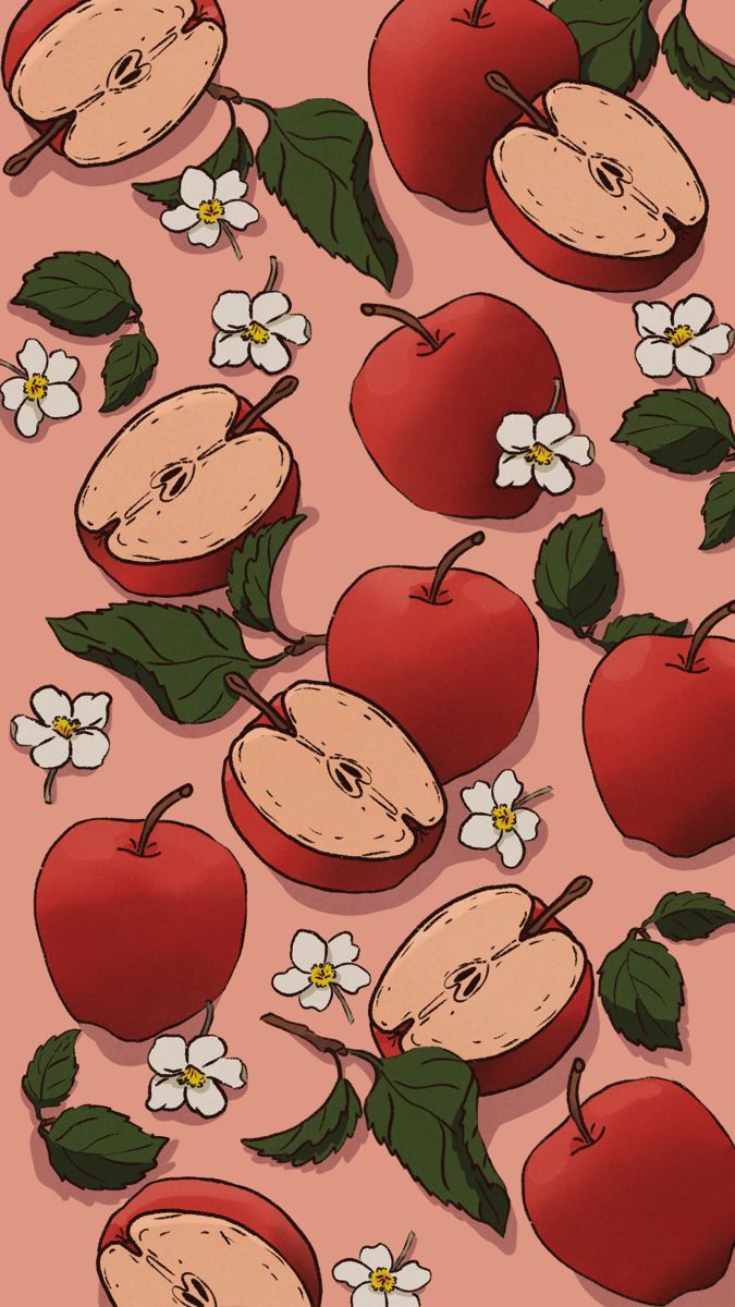 Äpfel, Apfelblüten, Muster, Rot, Illustration, Hochformat, Hintergrundbild fürs Smartphone