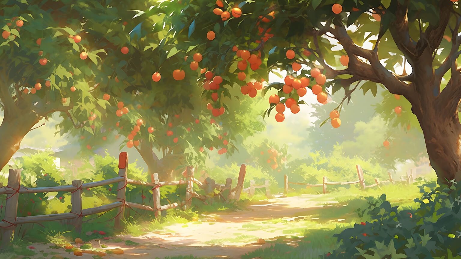 Obstgarten, Apfelbäume, Weg, Zaun, Sonnenlicht, Illustration, HD, Desktop-Hintergrund