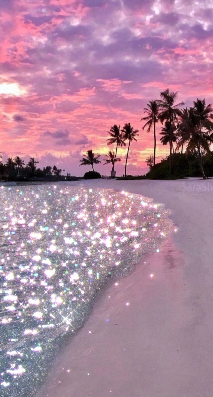 Strand, Palmen, Pinker Himmel, Glitzersand, Tropisch, Hintergrundbild für iPhone und Android
