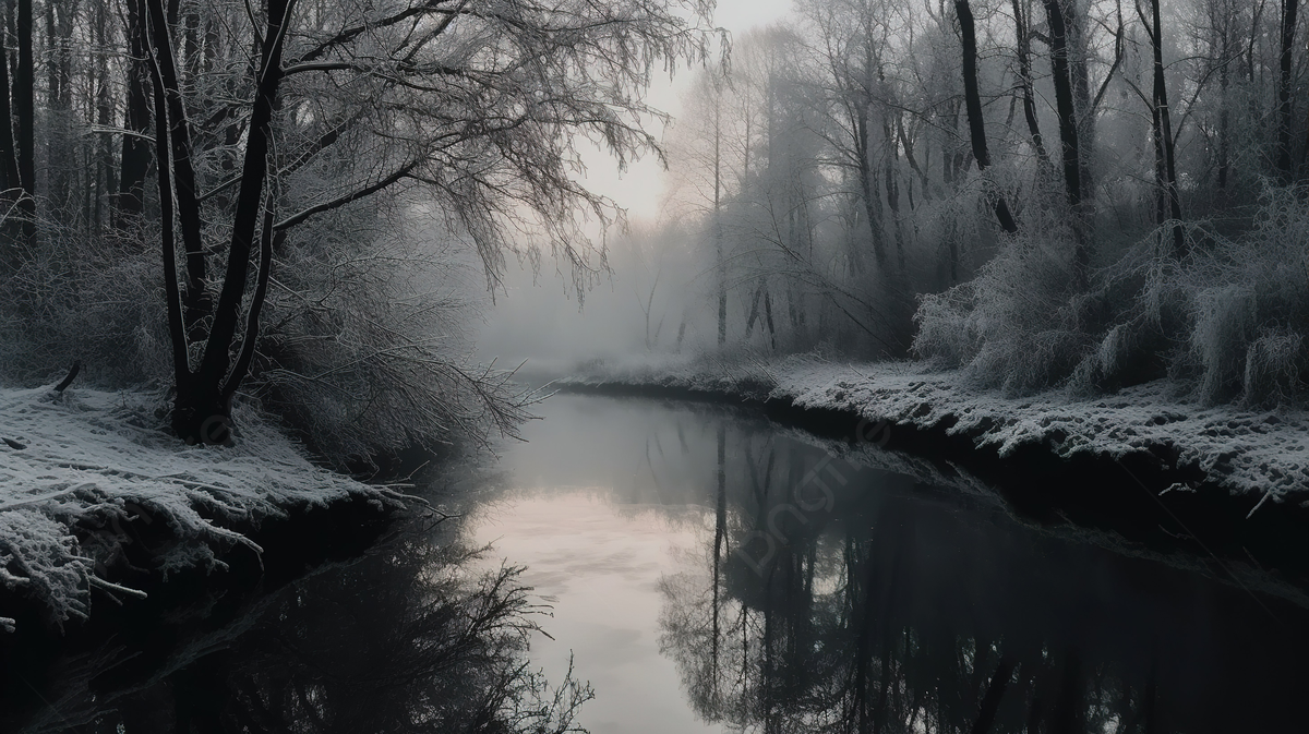 Fluss, Nebel, Verschneites Ufer, Kahle Bäume, Düster, Hintergrund