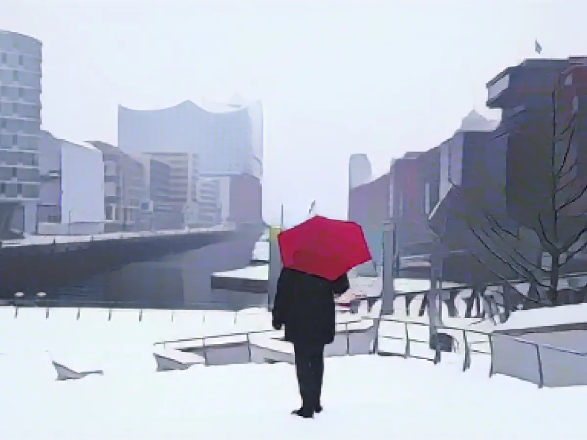 Elbphilharmonie, Hamburg, Roter Regenschirm, Spaziergänger, Schnee, Illustration, Tablet-Hintergrundbild