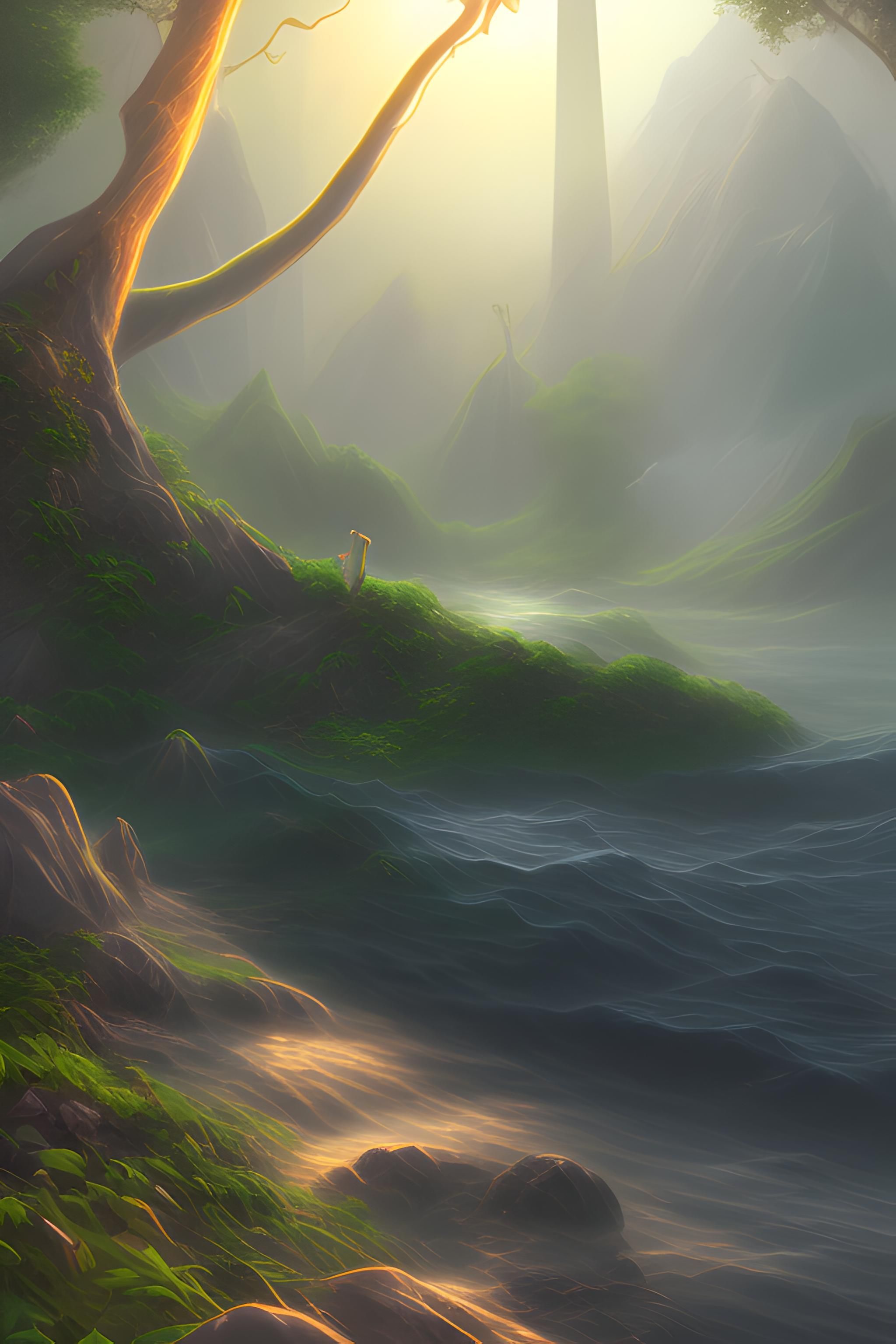 Wald, Sonnenstrahlen, Pfad, Fantasy, Nebel, Digitale Kunst, iPhone 16 Pro Max, Hintergrundbild