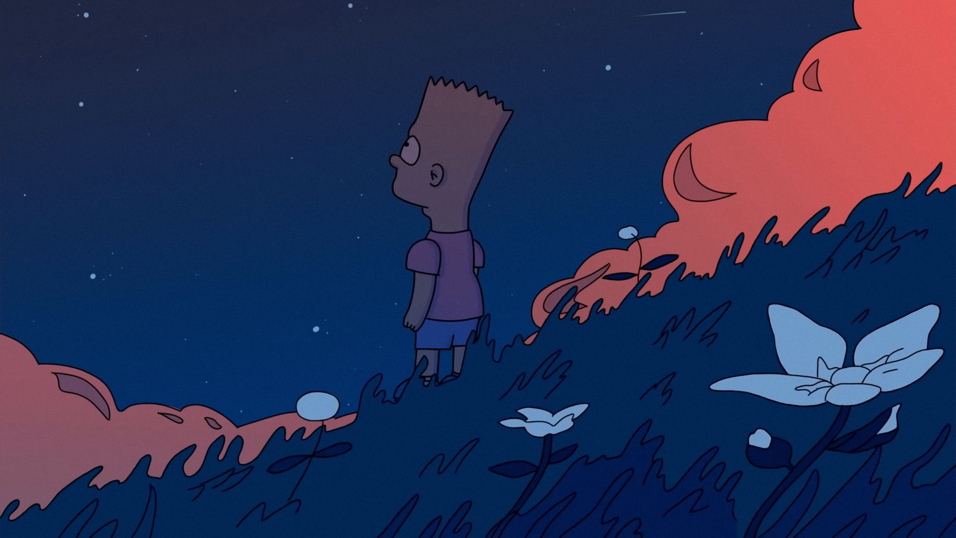 Bart Simpson, Nachthimmel, Wiese, Wolken, Melancholie, 1920x1080, Full-HD-Hintergrundbild für PC