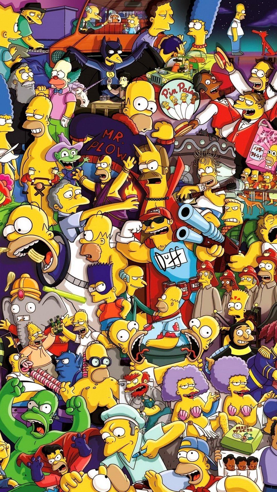 Die Simpsons, Figuren, Wimmelbild, Collage, Springfield, Full HD, Handy-Hintergrund