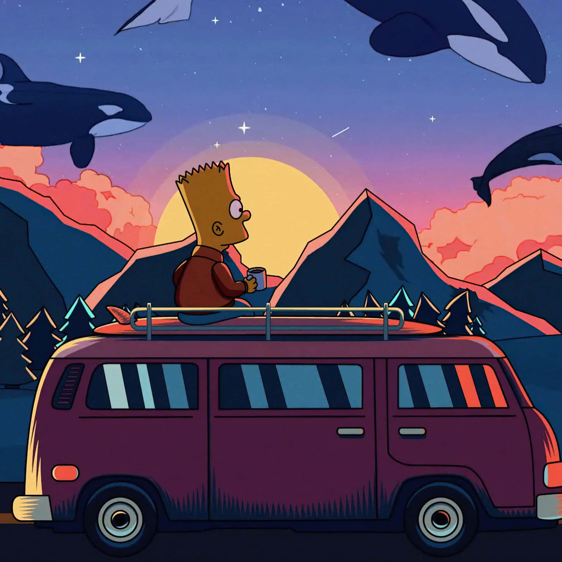 Bart Simpson, VW-Bus, Orcas, Berge, Sonnenuntergang, Full HD, iPad-Hintergrundbild