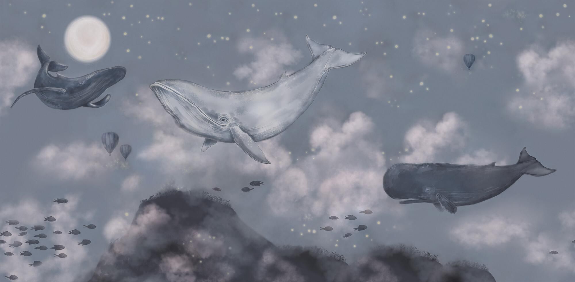 Wale, Wolken, Mond, Fantasie, Illustration, Grau, Full HD, Desktop-Hintergrund für Windows