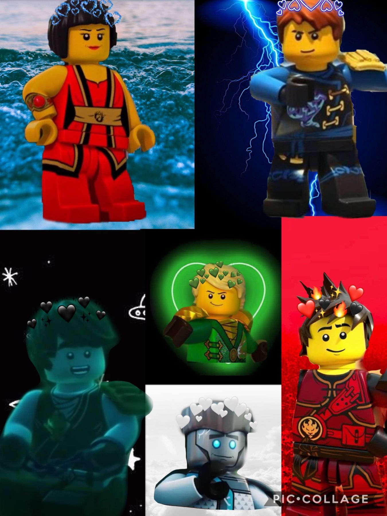 Kai, Jay, Nya, Lloyd, Zane, Lego Ninjago, Collage, Hintergrundbild für iPad und Tablet