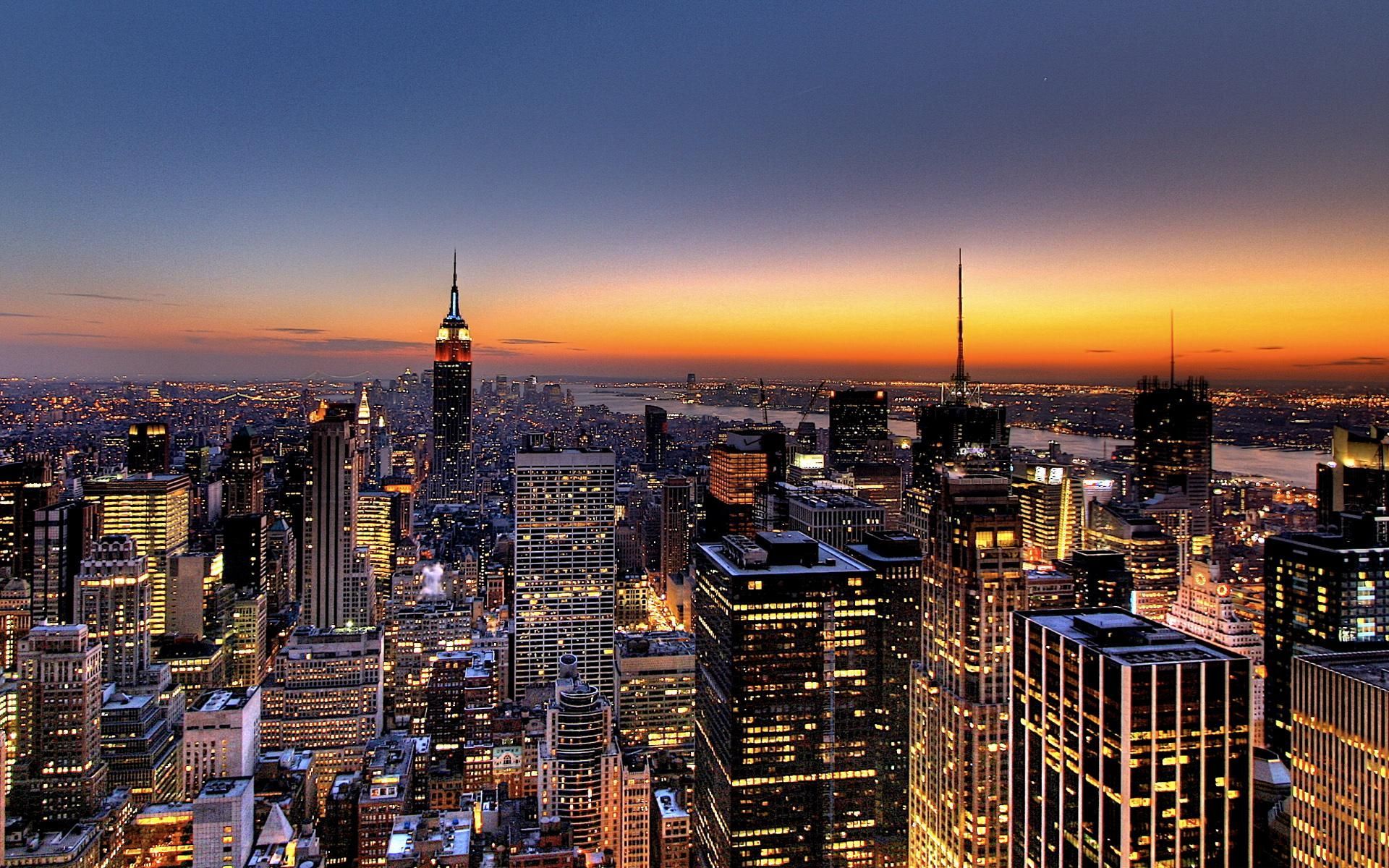 Empire State Building, Manhattan, Panorama, Abendrot, Lichtermeer, Full HD, MacBook-Hintergrundbild