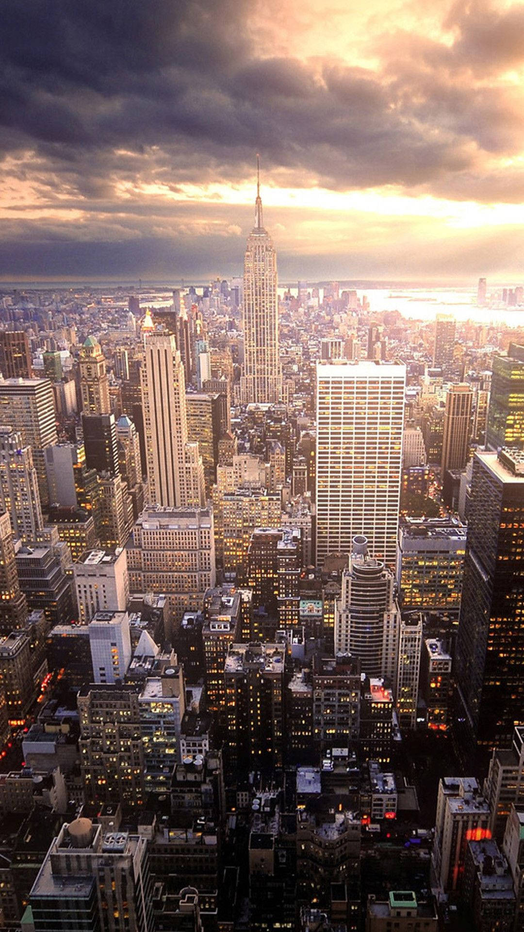 Empire State Building, Manhattan, Luftaufnahme, Sonnenlicht, Wolken, Full HD, Handy-Hintergrundbild