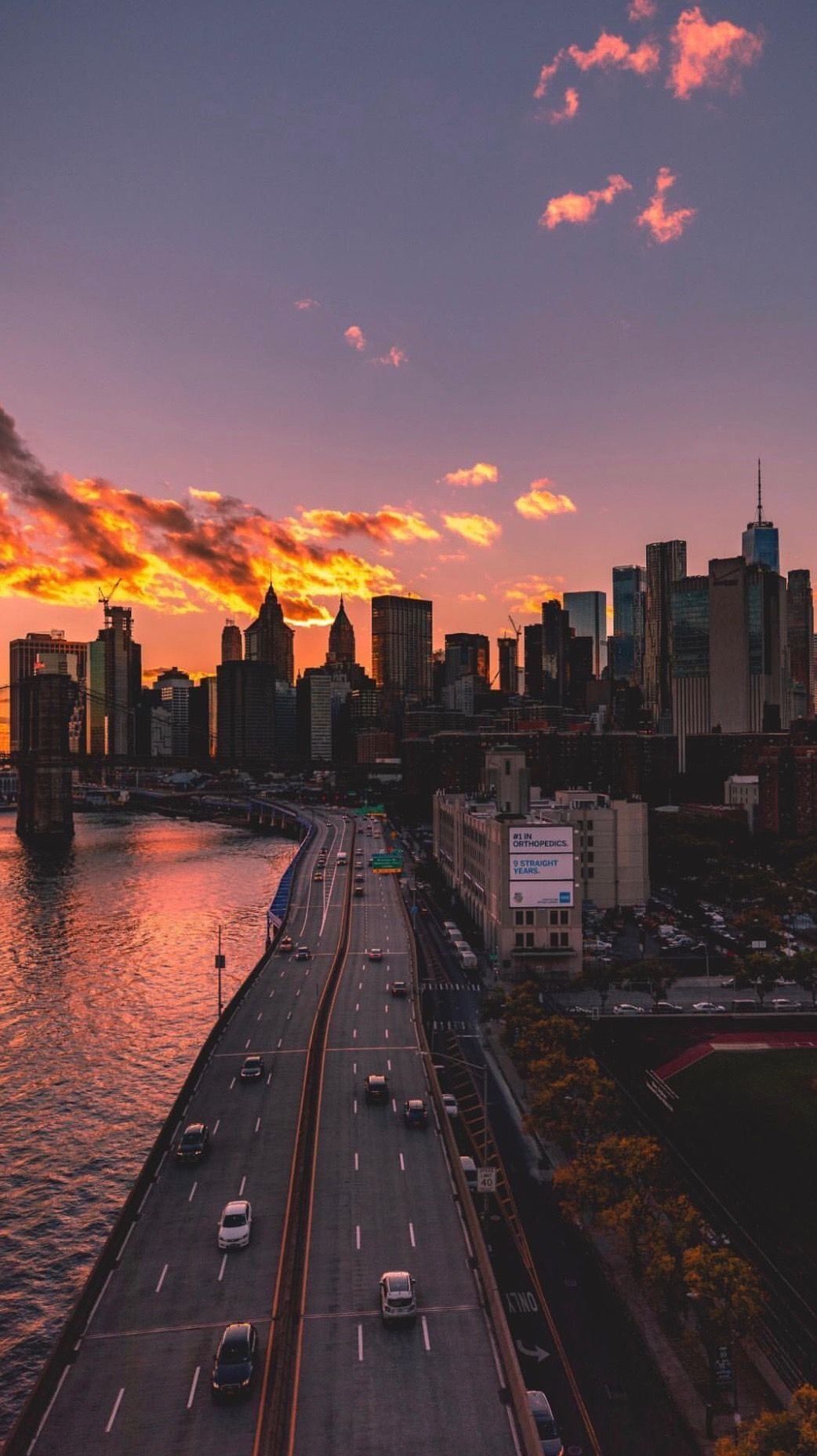 Lower Manhattan, Brücke, Verkehr, Sonnenuntergang, HD, Handy-Hintergrund im Hochformat