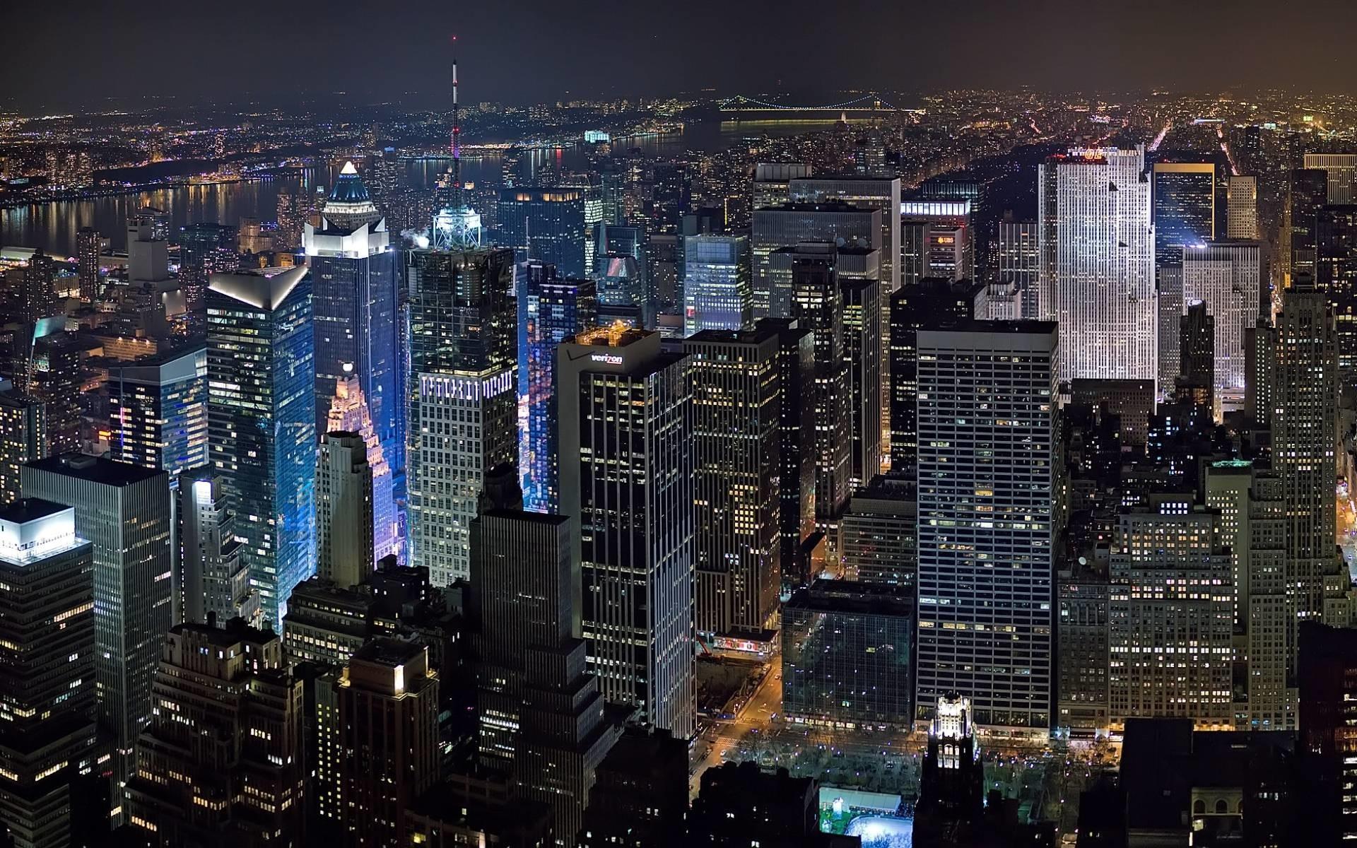 Manhattan, Luftaufnahme, Wolkenkratzer, Nacht, Full HD, Desktop-Hintergrund für Windows