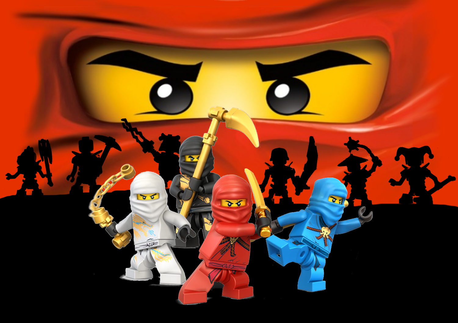 Lego Ninjago, Zane, Kai, Jay, Cole, Silhouetten, Rot, HD, Hintergrundbild für den PC