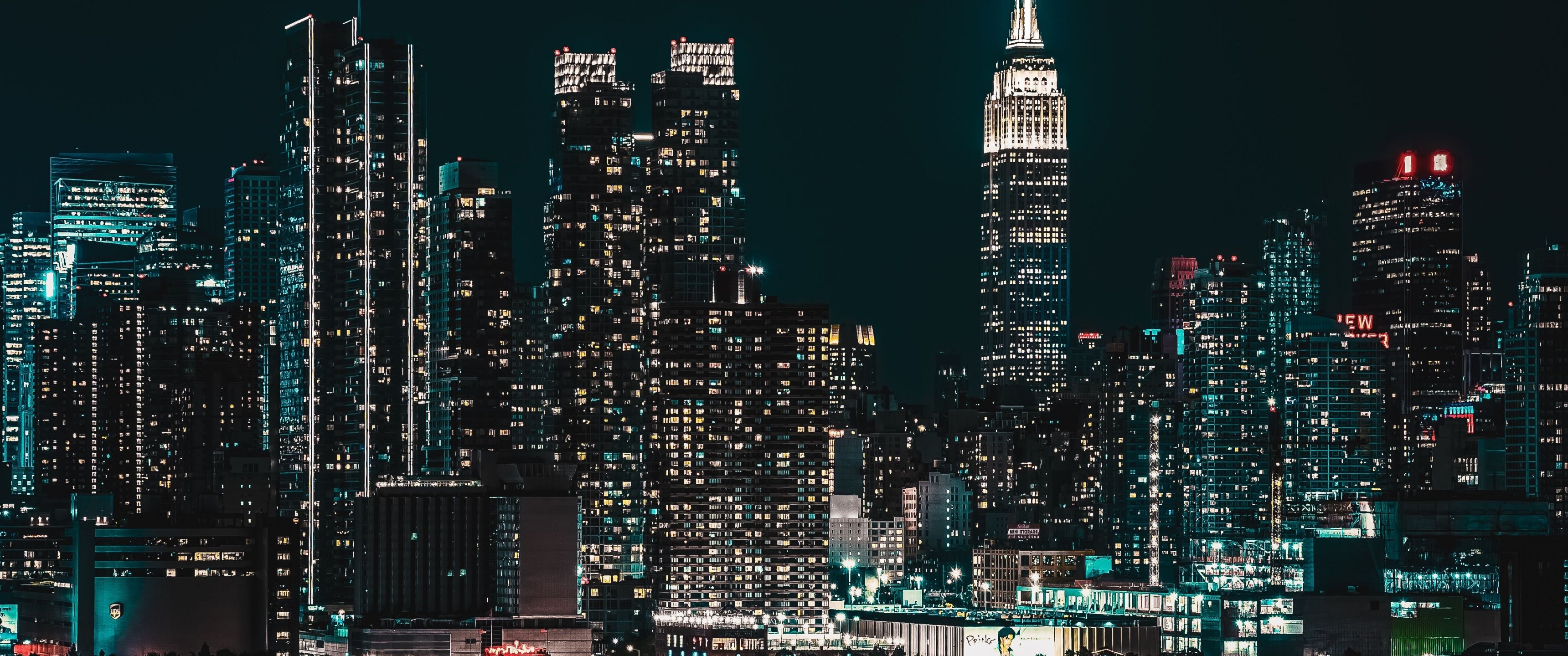 Empire State Building, Manhattan, Wolkenkratzer, Nacht, Türkis, 2K, PC-Hintergrundbild