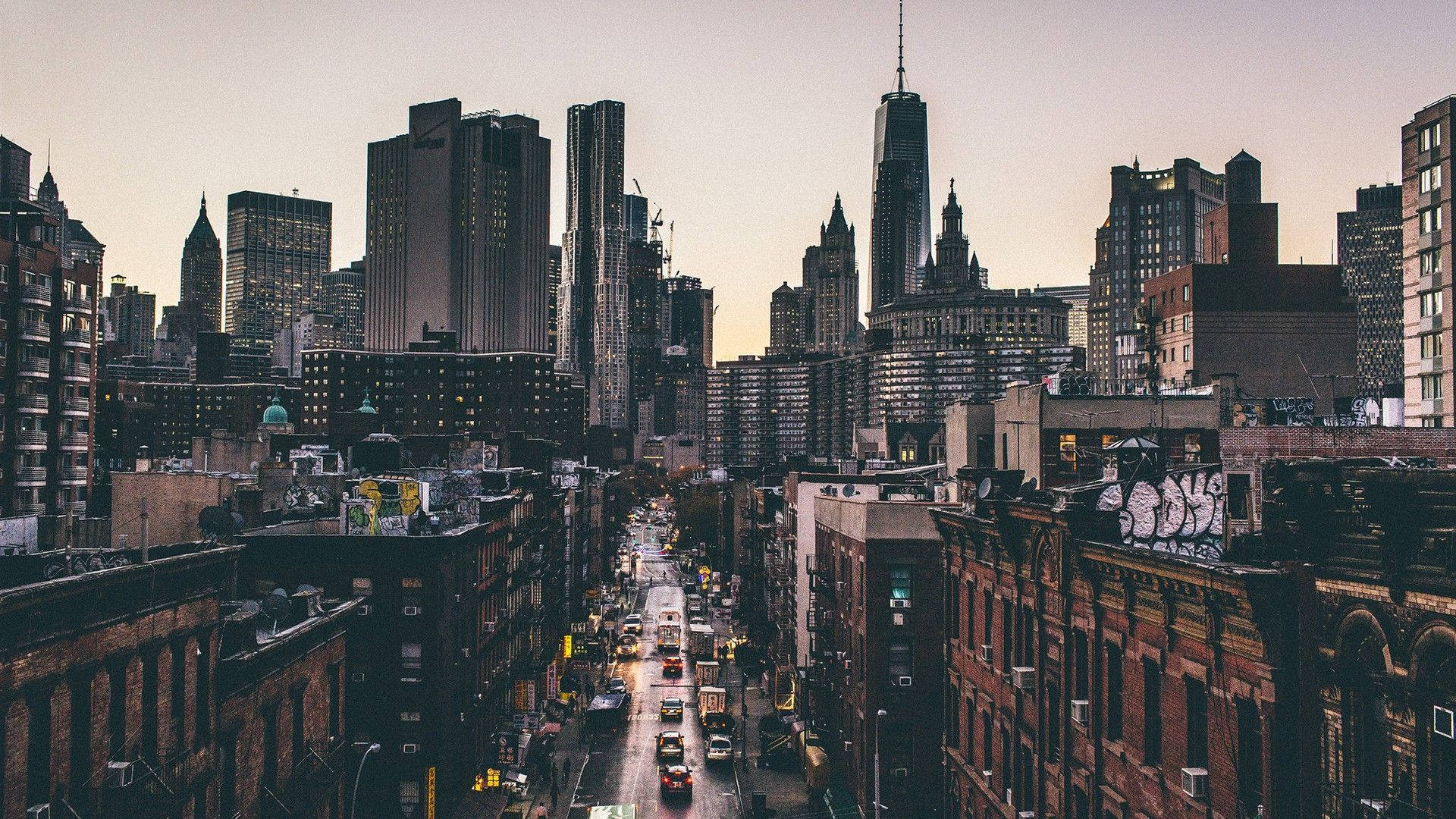 One World Trade Center, Lower Manhattan, Straße, Skyline, Dunkle Töne, Full HD, Windows-Hintergrundbild