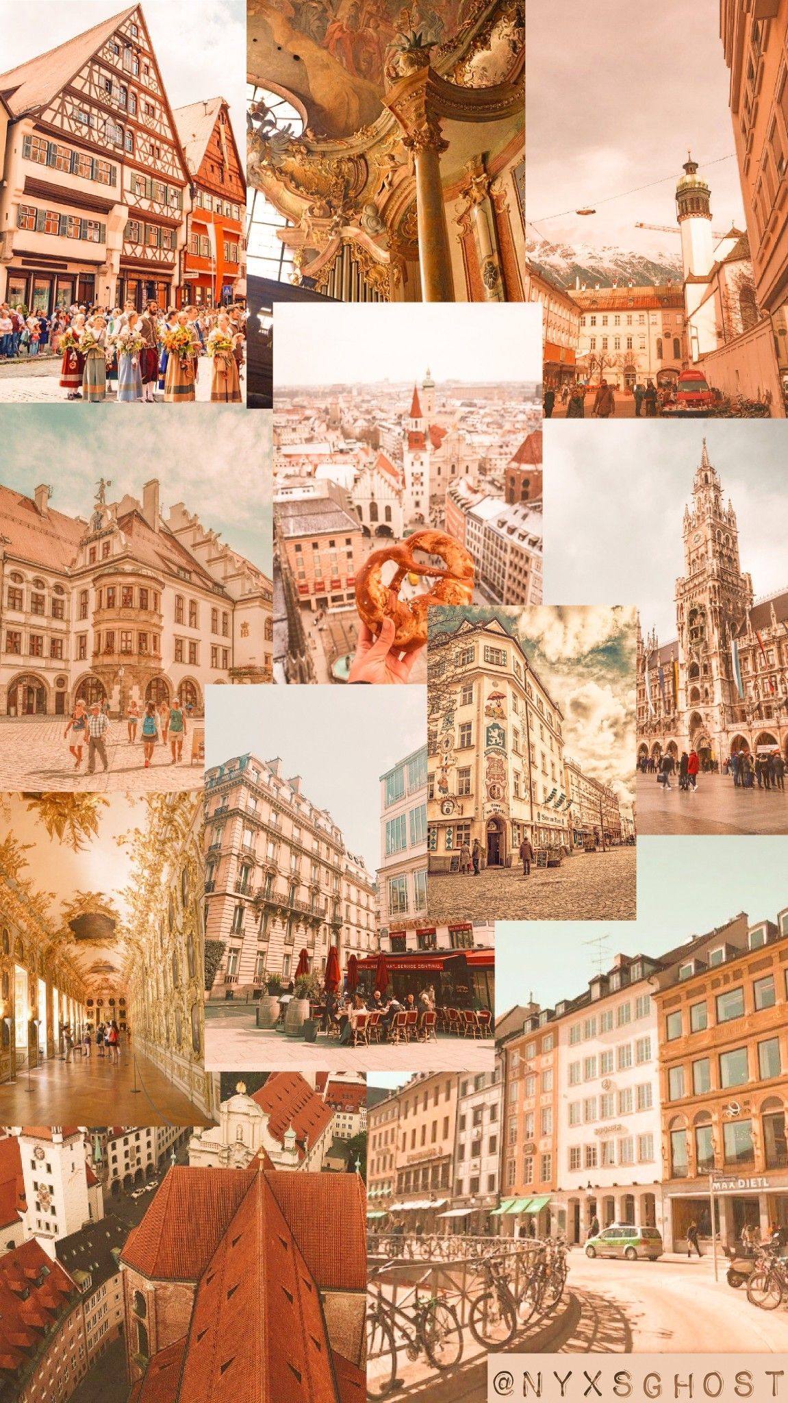 München, Collage, Altstadt, Ästhetik, Warme Töne, Hochformat, Hintergrundbild fürs Smartphone