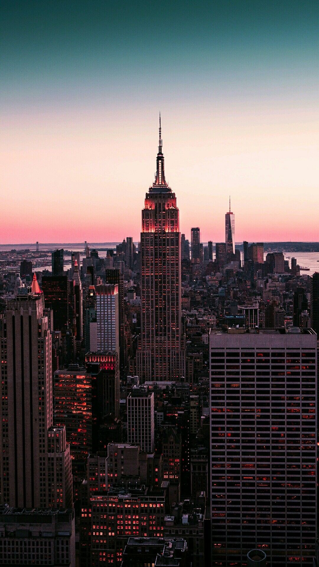 Empire State Building, Manhattan, Abenddämmerung, Rosa Himmel, Full HD, Handy-Hintergrund