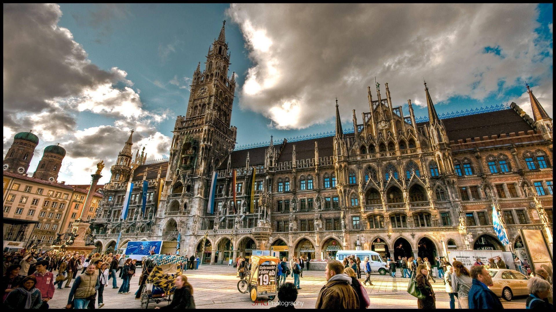 Neues Rathaus, Marienplatz, München, Gotik, Wolken, HDR, Full HD, Windows-Hintergrundbild