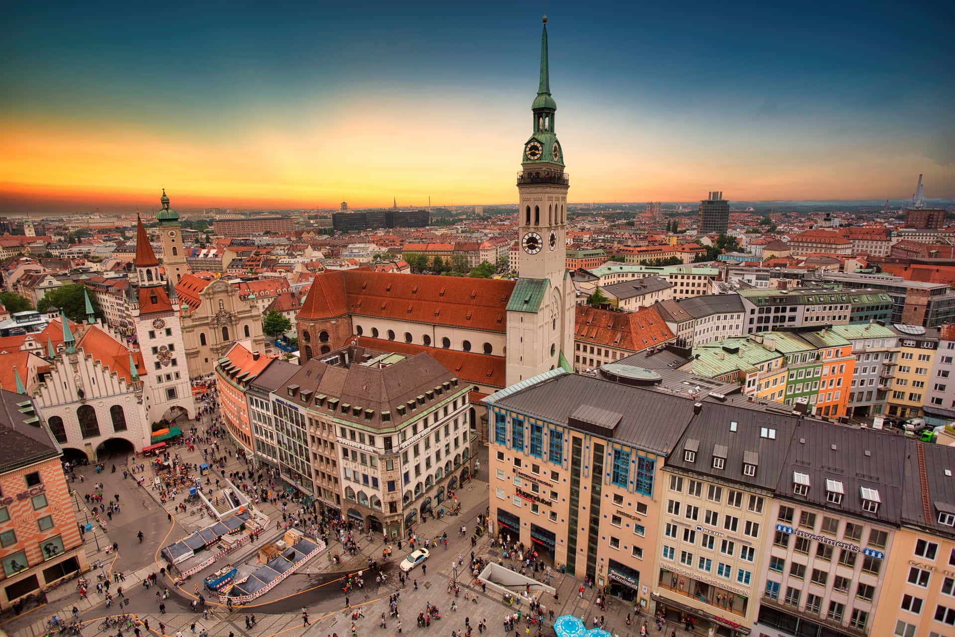Alter Peter, Marienplatz, München, Sonnenuntergang, Luftaufnahme, Dächer, Full HD, PC-Hintergrundbild