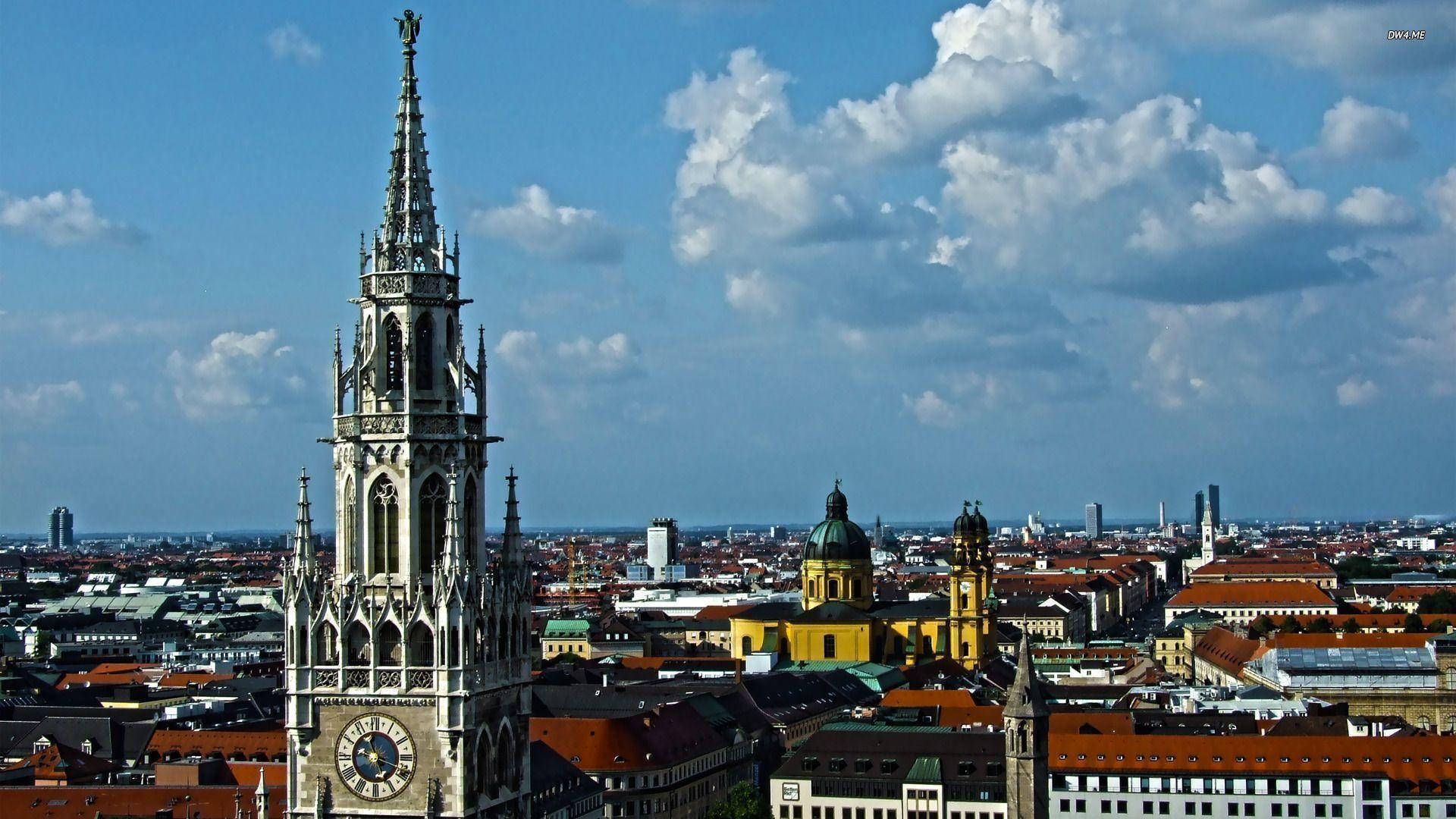 Neues Rathaus, Theatinerkirche, München, Stadtpanorama, Wolken, 1920x1080, Desktop-Hintergrund