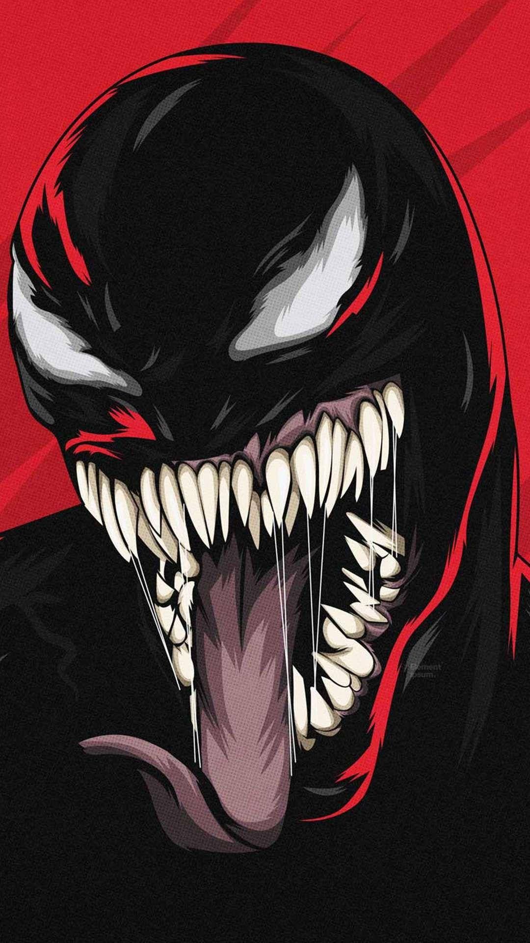 Venom, Marvel Comics, Reißzähne, Roter Hintergrund, Zunge, Sperrbildschirm fürs iPhone