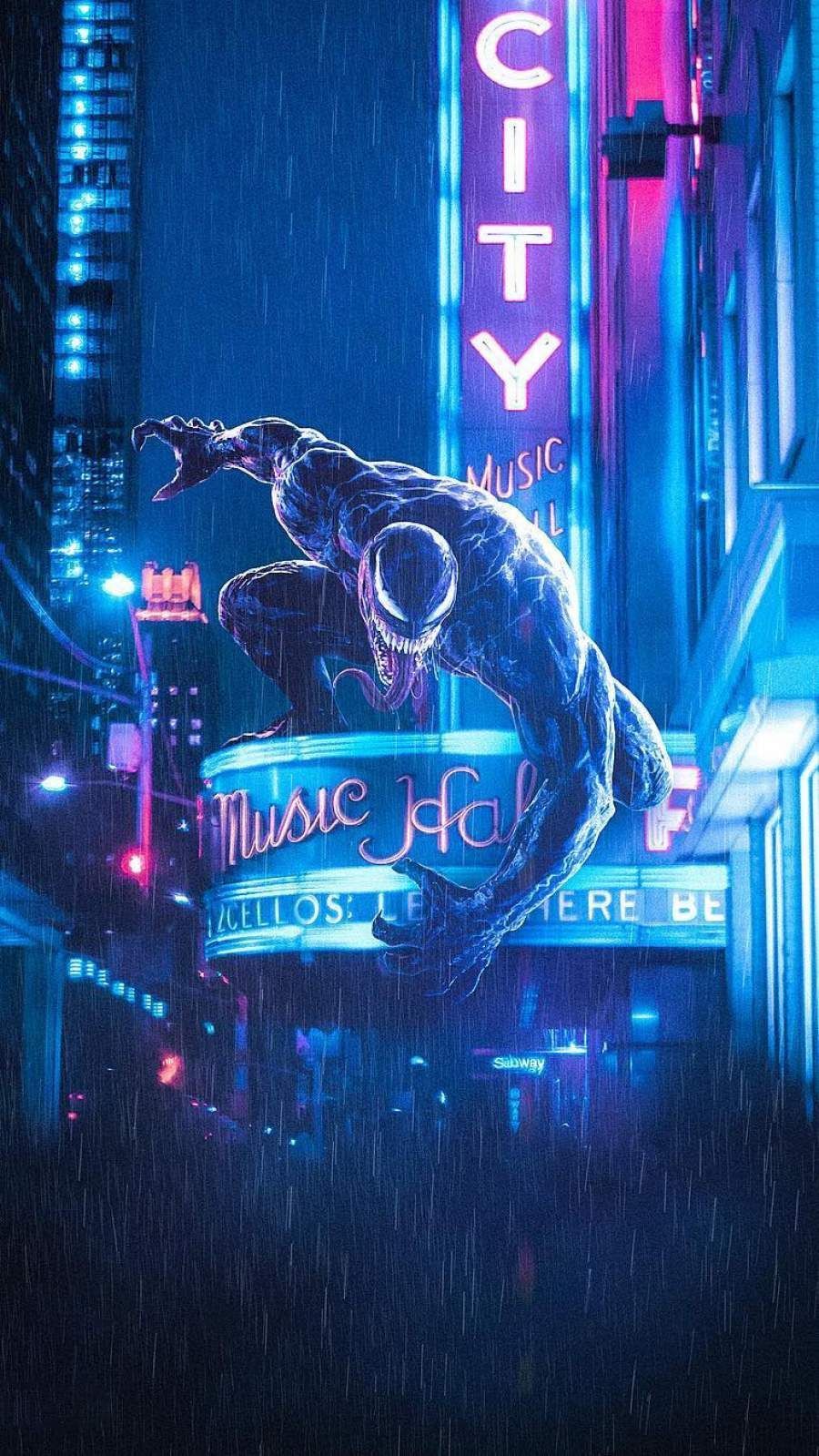 Venom, Großstadt, Neonlichter, Nacht, Cyberpunk, HD, Handy-Hintergrund im Hochformat