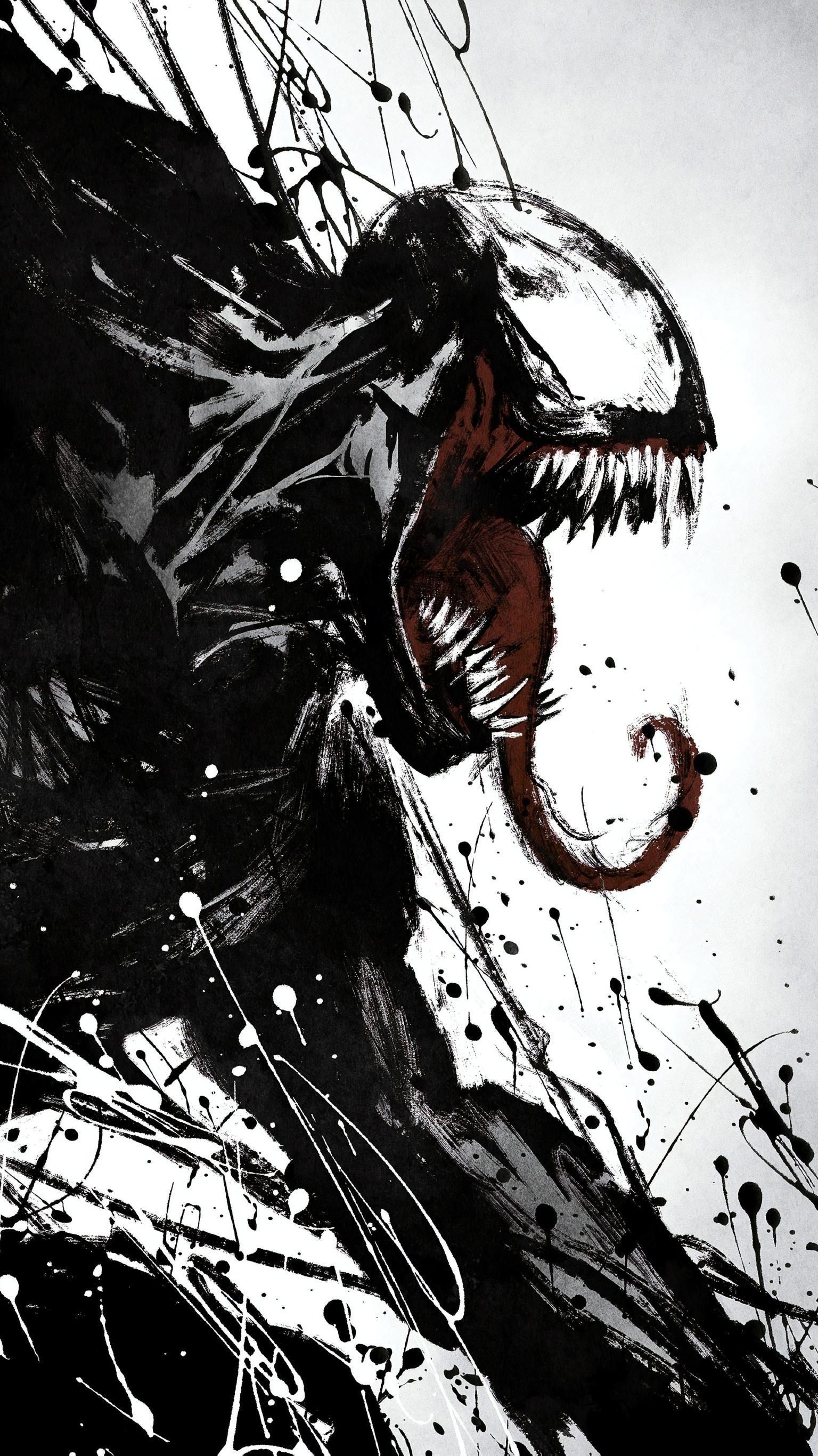 Venom, Tuschespritzer, Schwarz-Weiß, Illustration, QHD+, Handy-Hintergrund im Hochformat