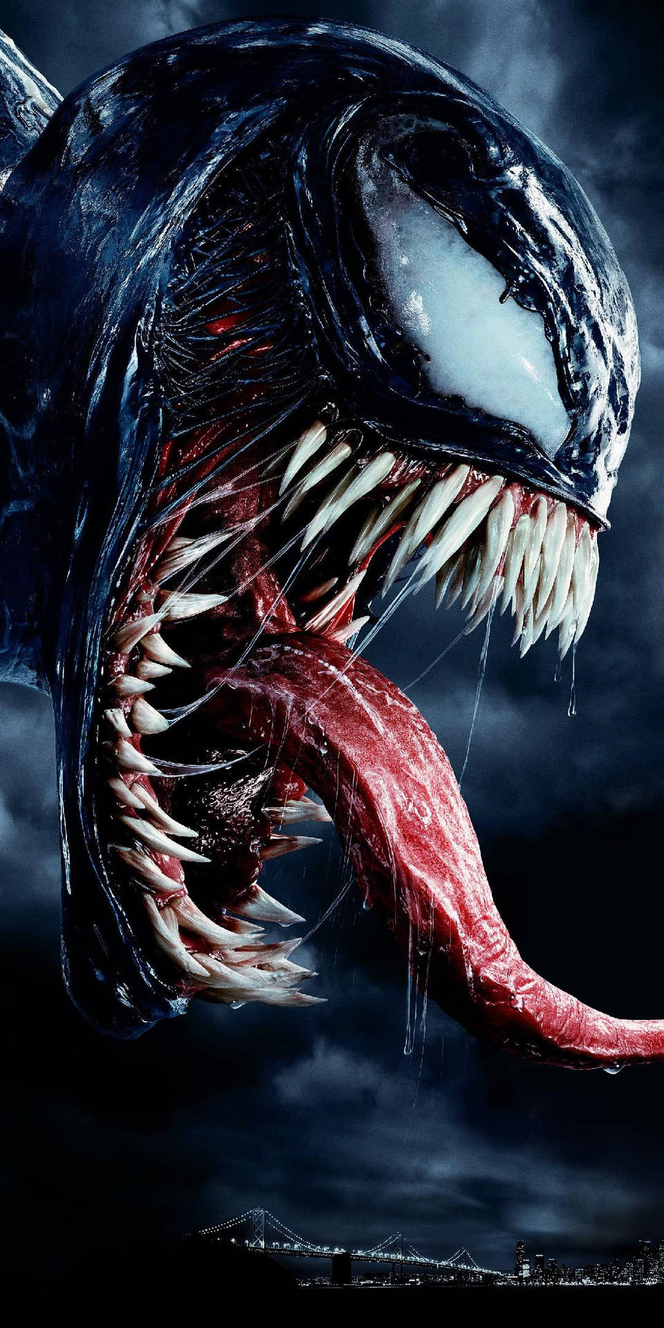 Venom, Zunge, Reißzähne, Dunkelblau, Nahaufnahme, HD, Handy-Hintergrund im Hochformat