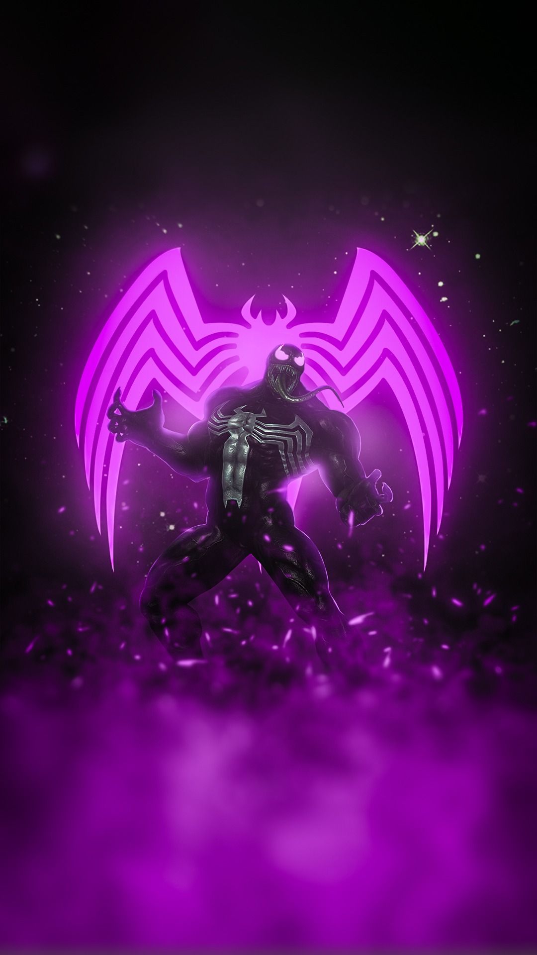 Venom, Spider-Logo, Neonlila, Silhouette, Schwarzer Hintergrund, Sperrbildschirm fürs iPhone