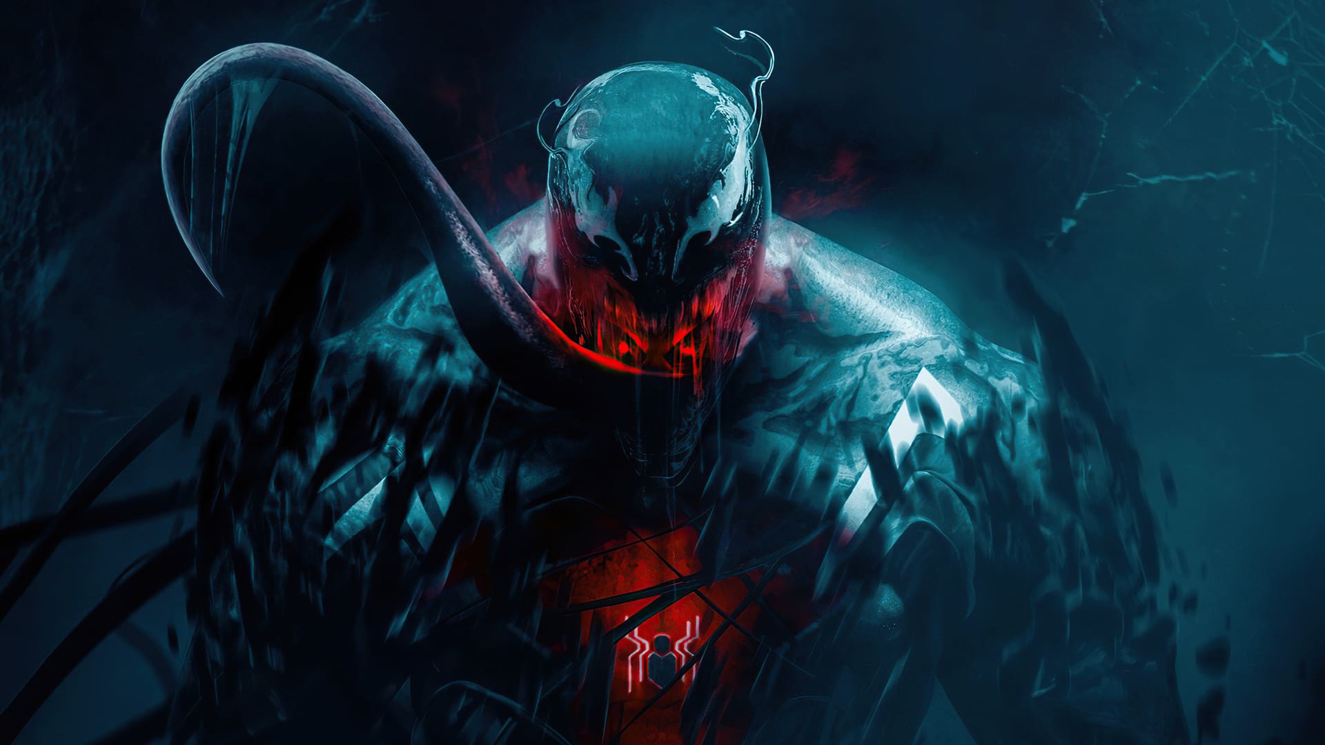 Venom, Symbiont, Dunkeltürkis, Rot, Düster, 1920x1080, Full-HD-Hintergrundbild für PC