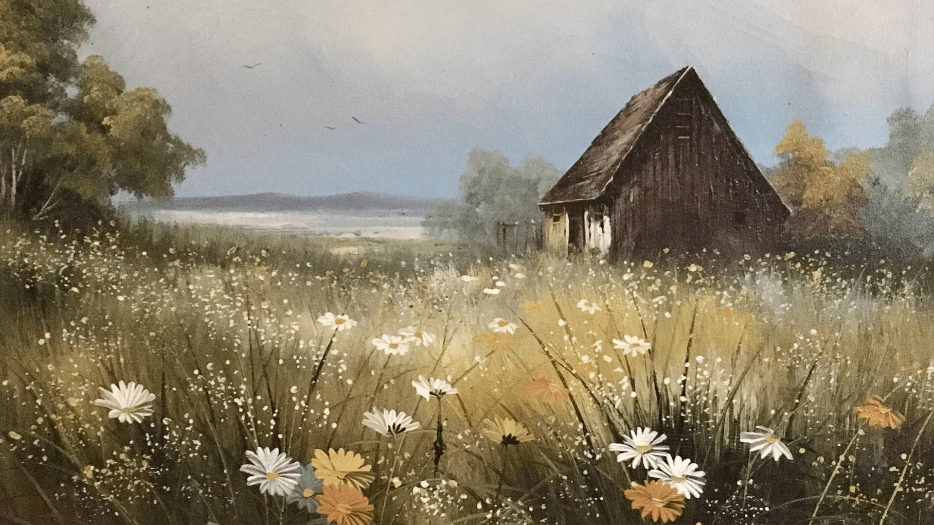 Holzhütte, Blumenwiese, Gänseblümchen, Gemälde, Landleben, 1920x1080, PC-Hintergrundbild