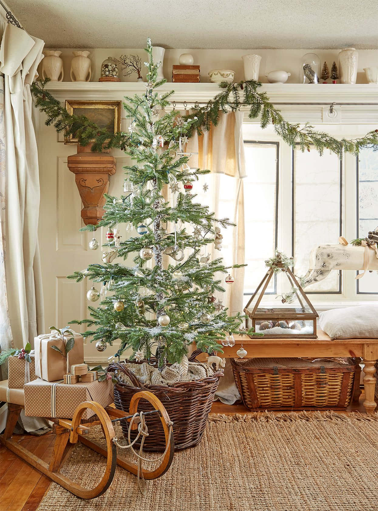 Bauernhausstil, Weihnachtsbaum, Wohnzimmer, Rustikal, Girlande, Full HD, Tablet-Hintergrund