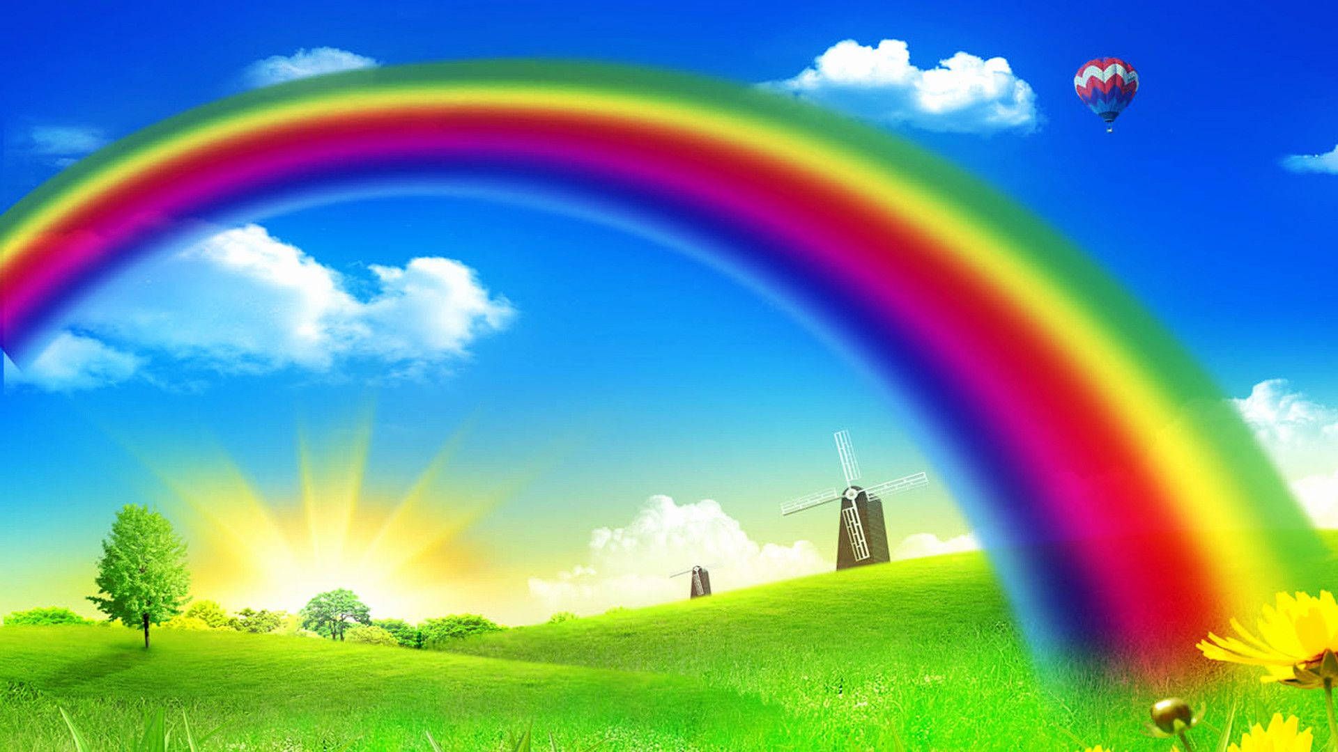 Regenbogen, Windmühle, Grüne Wiese, Heißluftballon, Cartoon, Full-HD-Hintergrundbild für PC