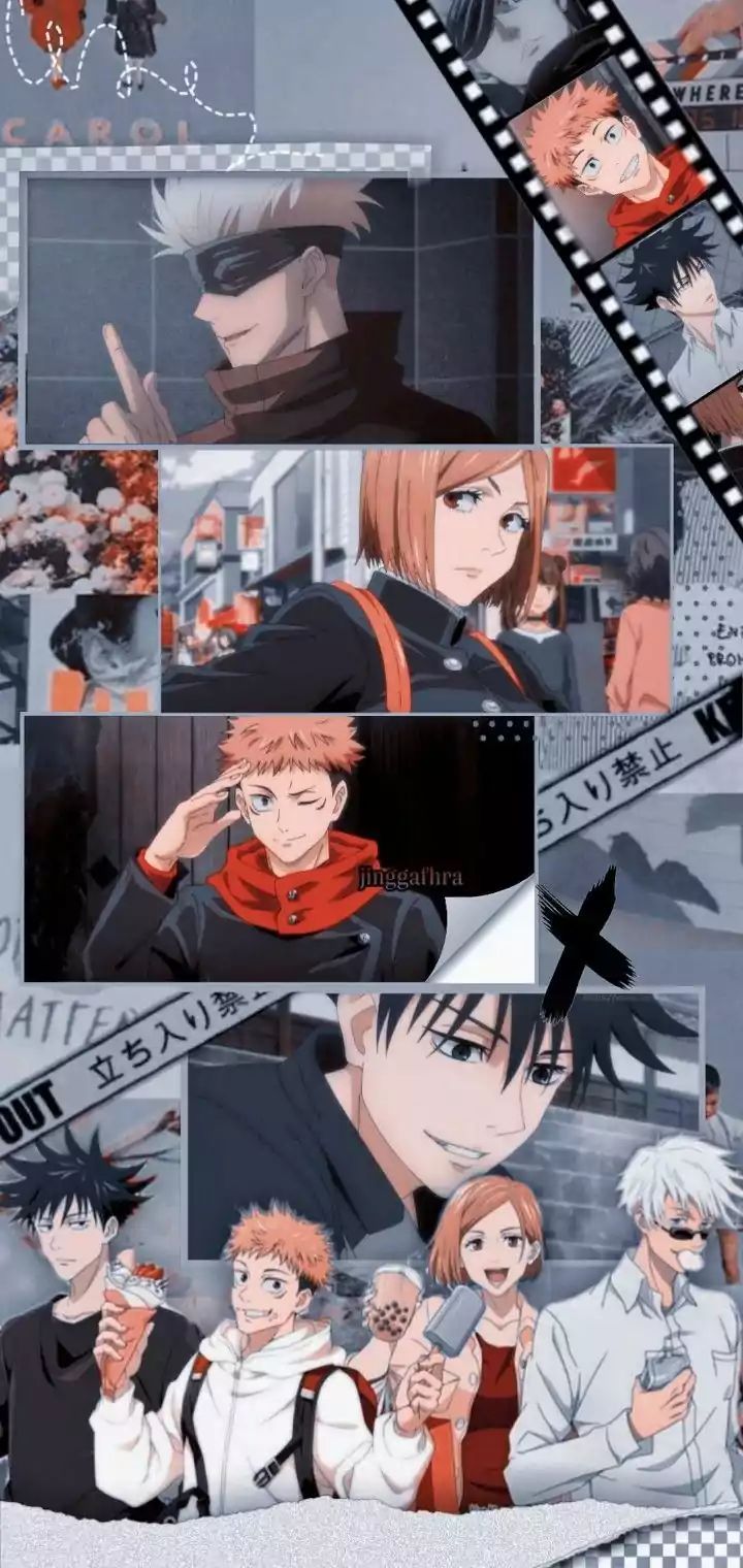 Jujutsu Kaisen, Yuji Itadori, Nobara Kugisaki, Satoru Gojo, Collage, Anime, HD, iPhone-Hintergrundbild