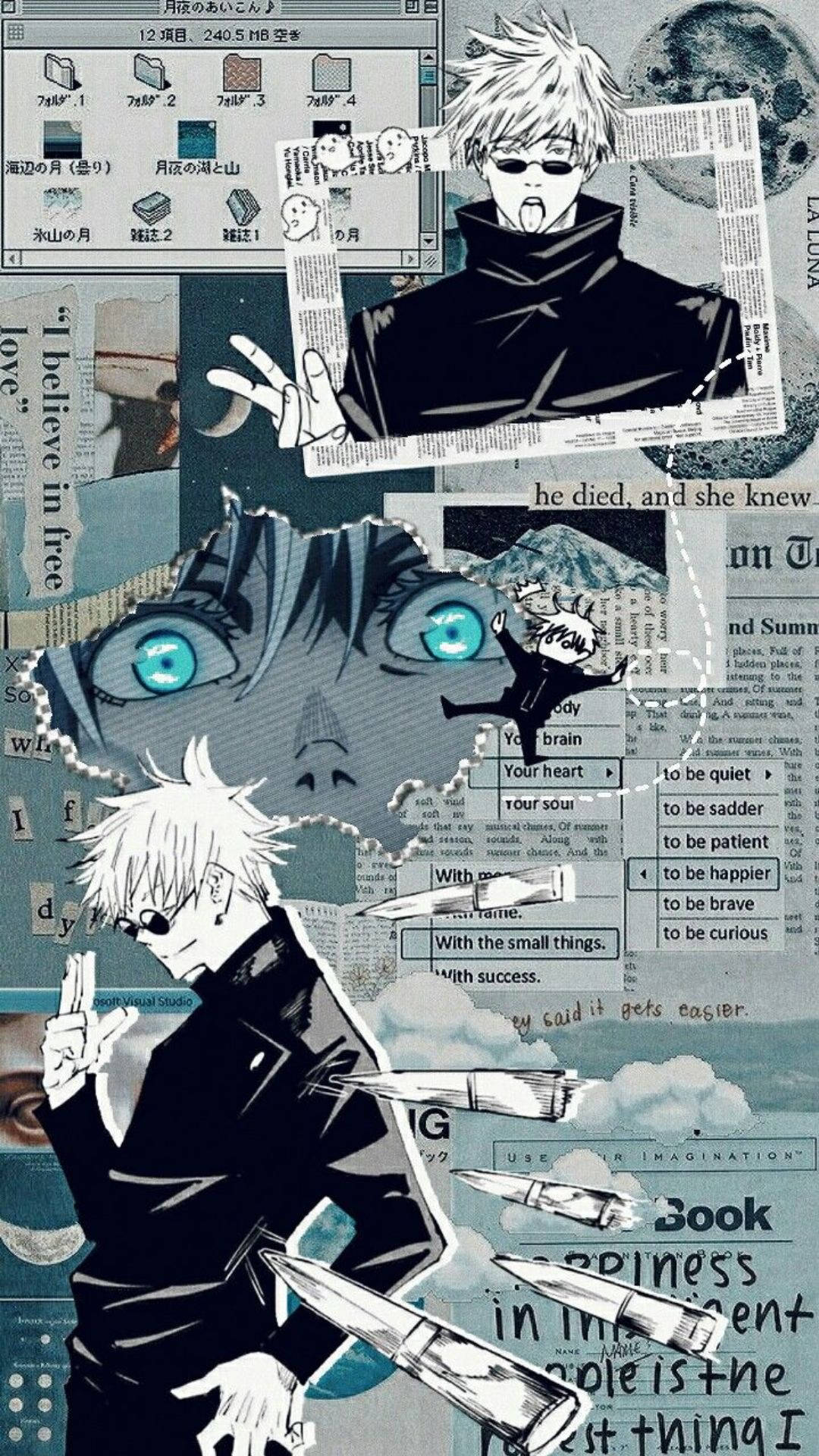 Satoru Gojo, Jujutsu Kaisen, Collage, Manga-Panels, Graublau, Hintergrundbild fürs Handy