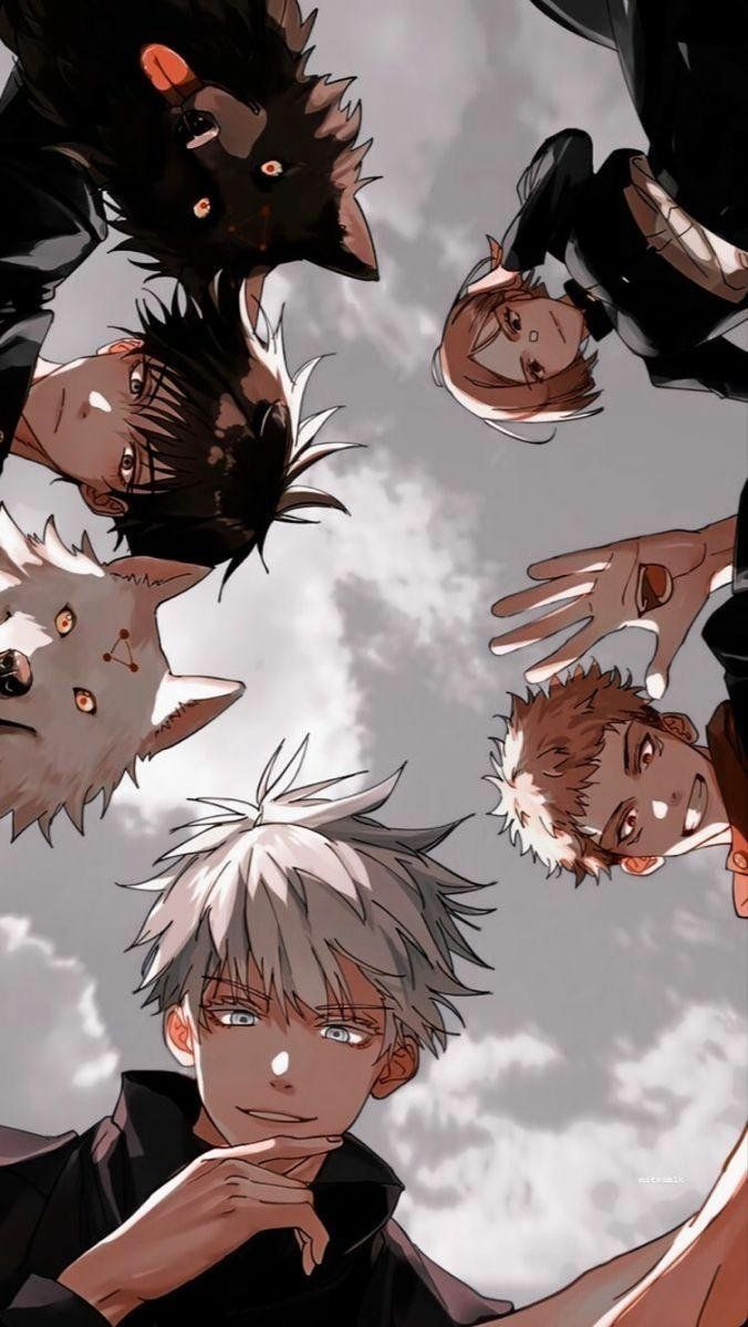 Jujutsu Kaisen, Satoru Gojo, Yuji Itadori, Megumi Fushiguro, Nobara Kugisaki, Wolken, iPhone-Hintergrundbild