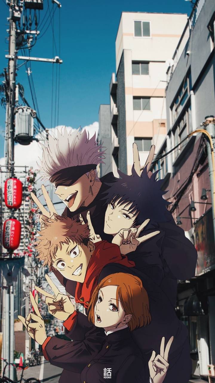 Jujutsu Kaisen, Satoru Gojo, Yuji Itadori, Megumi Fushiguro, Nobara Kugisaki, Stadt, HD-Handy-Hintergrundbild