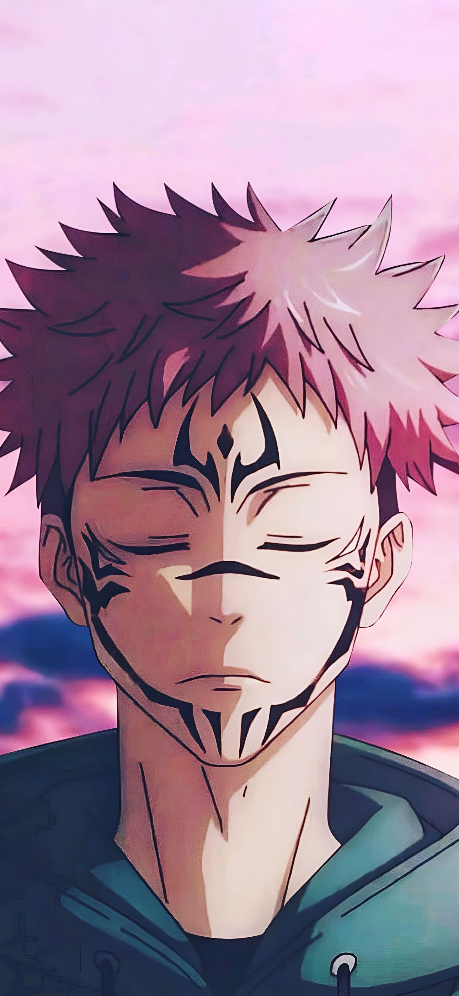 Ryomen Sukuna, Jujutsu Kaisen, Geschlossene Augen, Rosa Himmel, Anime, QHD+, iPhone-Hintergrundbild