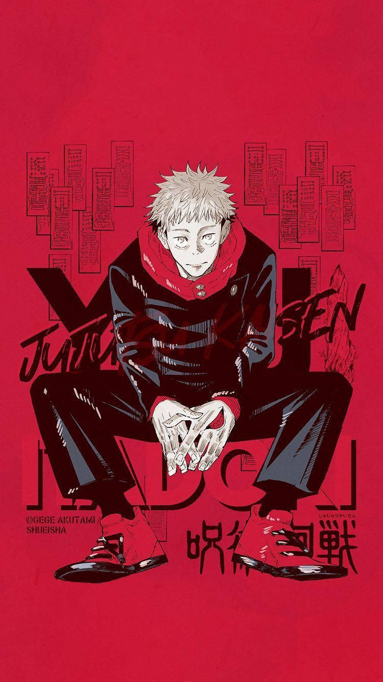 Yuji Itadori, Jujutsu Kaisen, Roter Hintergrund, Schriftzug, Manga, Sperrbildschirm fürs iPhone