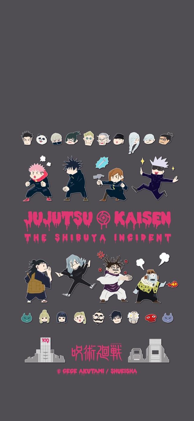 Jujutsu Kaisen, Chibi, Grauer Hintergrund, Logo, Charaktere, Sperrbildschirm fürs iPhone