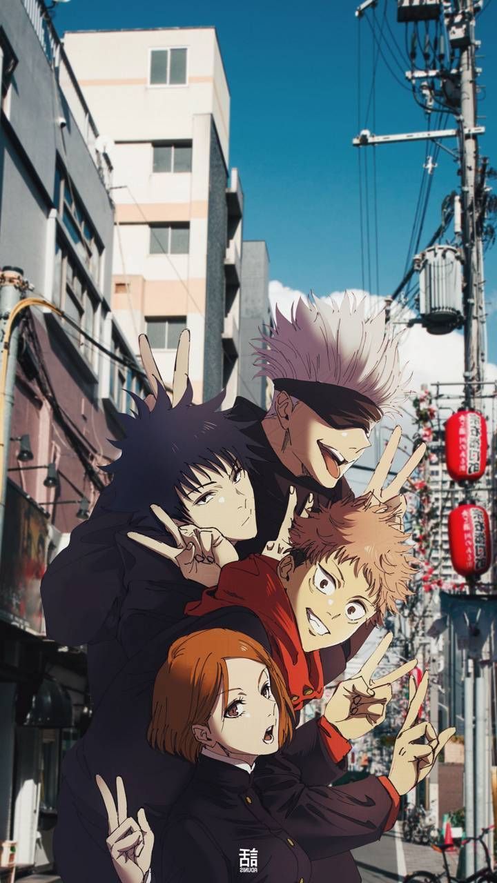 Jujutsu Kaisen, Satoru Gojo, Yuji Itadori, Megumi Fushiguro, Nobara Kugisaki, Gruppenbild, Handy-Hintergrund
