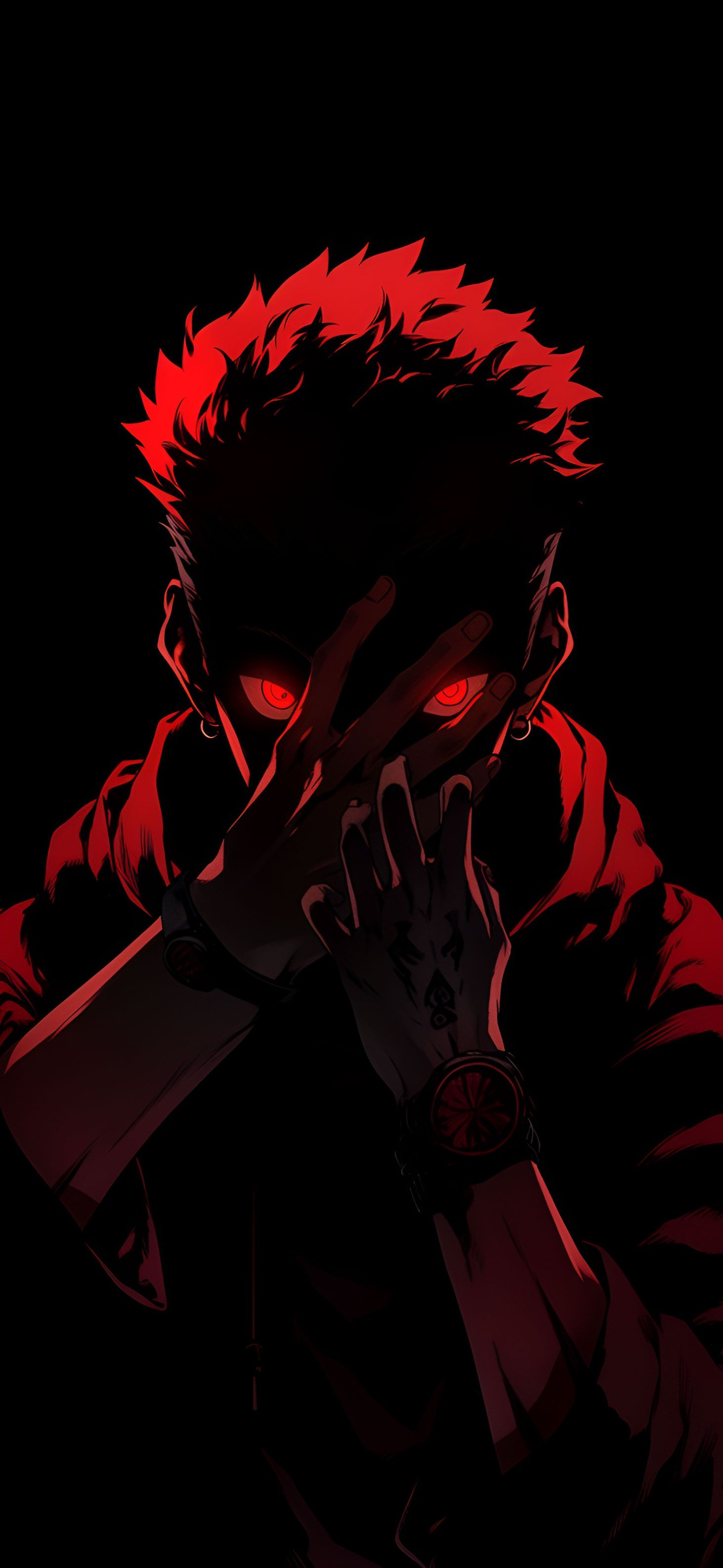 Ryomen Sukuna, Jujutsu Kaisen, Rot-Schwarz, Dunkel, Silhouette, QHD+, Handy-Hintergrundbild