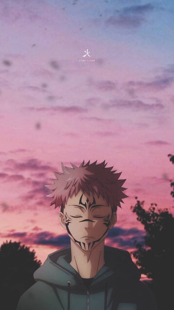 Yuji Itadori, Jujutsu Kaisen, Sonnenuntergang, Rosa Himmel, Anime, HD, Handy-Hintergrundbild