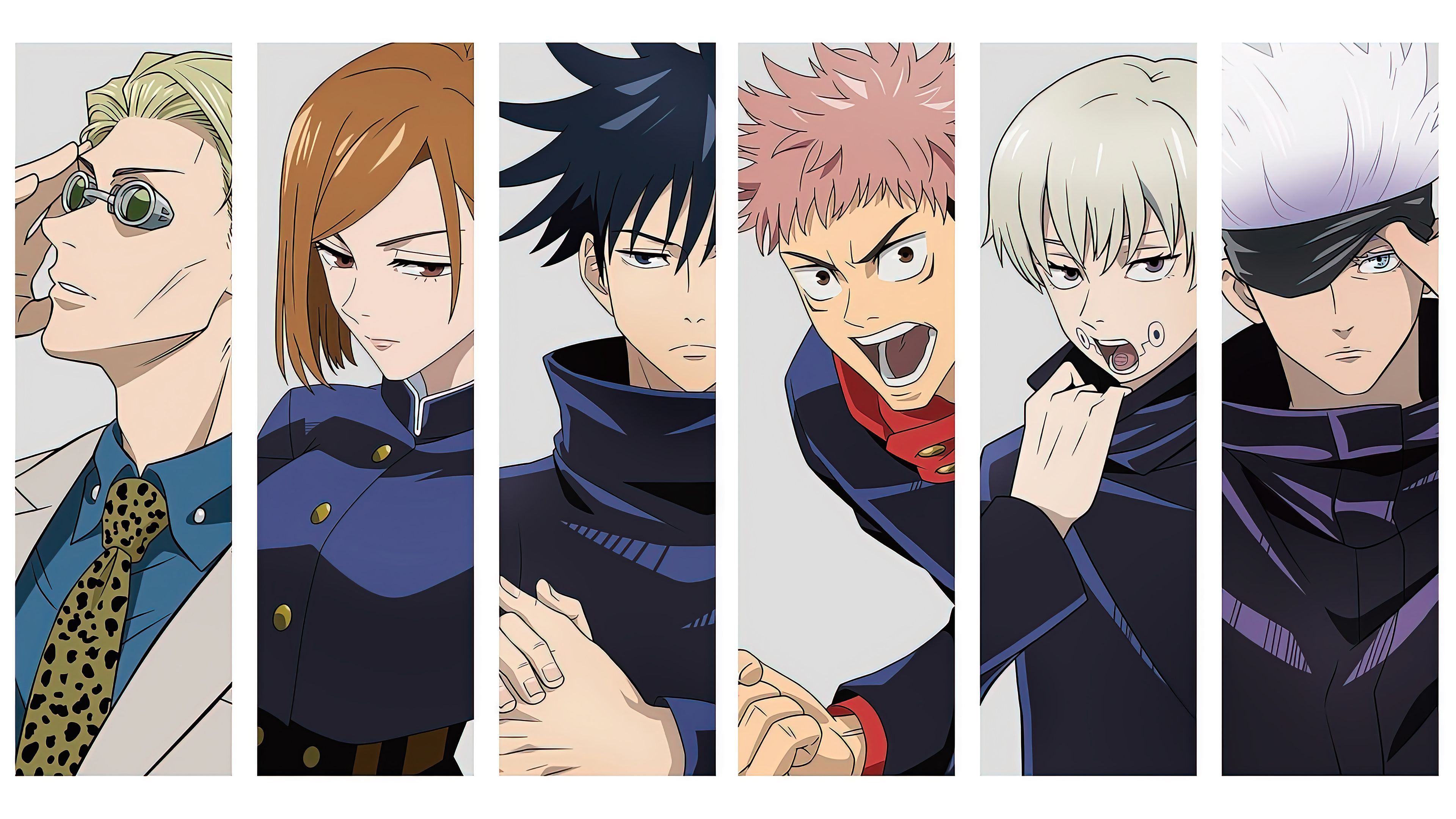 Jujutsu Kaisen, Kento Nanami, Nobara Kugisaki, Megumi Fushiguro, Yuji Itadori, Toge Inumaki, Satoru Gojo, 4K-Hintergrund